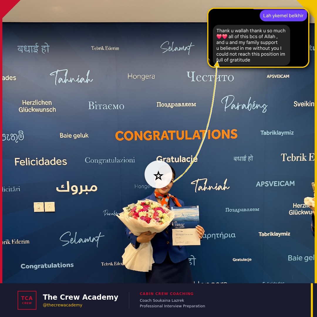 A Crew Academy candidate celebrating their airline offer with flowers, sharing a heartfelt thank-you message.