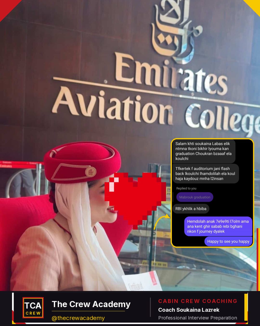 A Crew Academy candidate at Emirates Aviation College on graduation day, sharing a grateful message with Coach Soukaina.